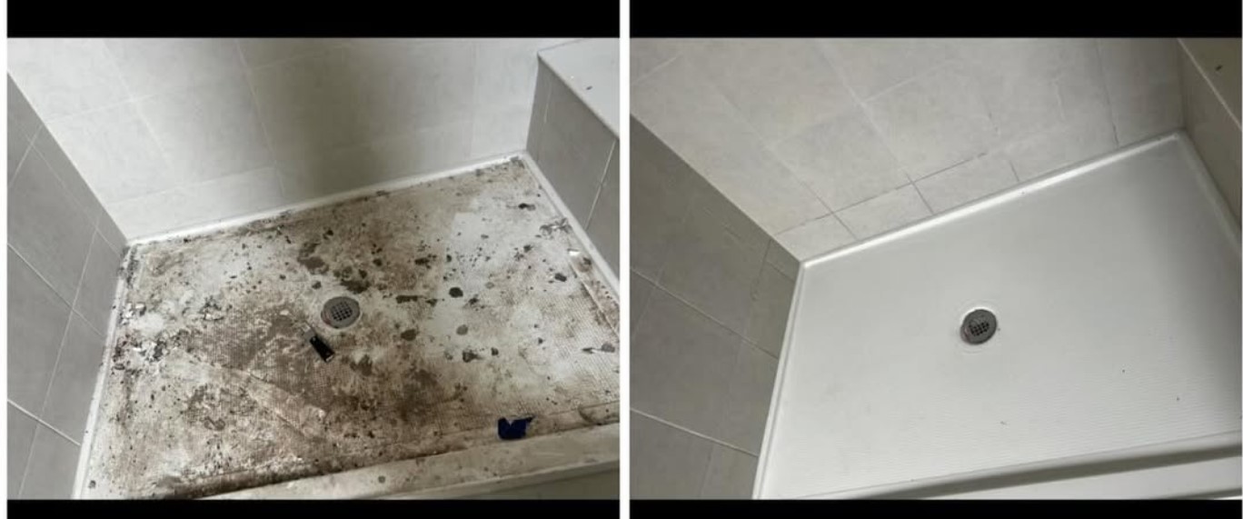Before and after of a shower pan, heavily soiled on the left and scrubbed bright white on the right