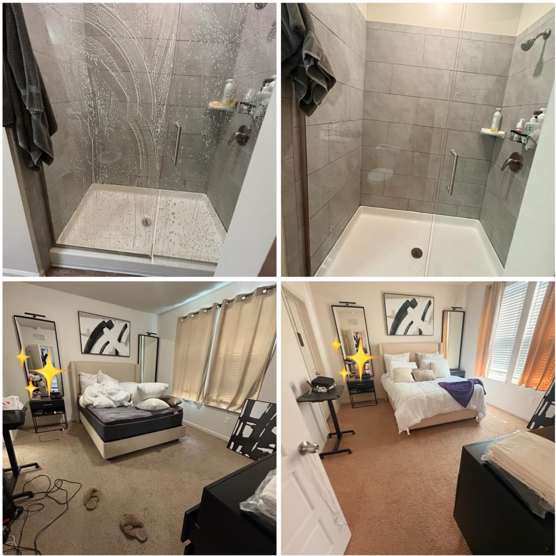 Side by side before and after of a tiled shower and a bedroom, showing water-spotted glass and a cluttered room transformed into spotless tile and a neatly made bed